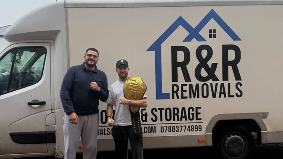 R & R Removals Royston owner with ONE Championship world champion Jonathan Haggerty after helping him with his move